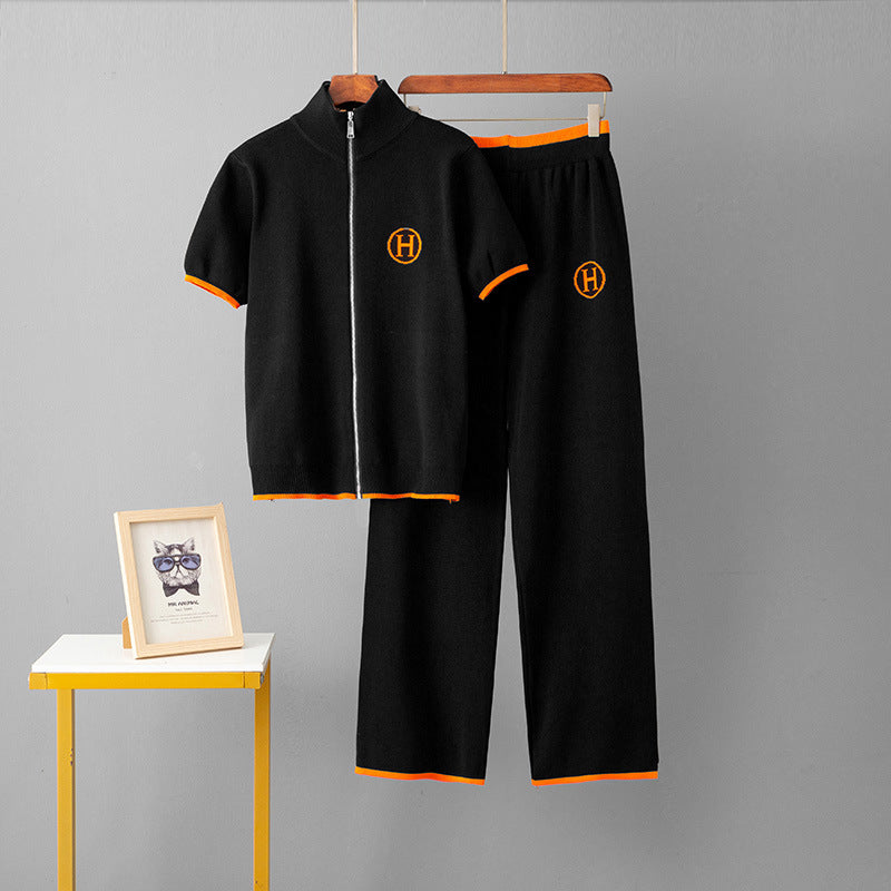 Zipper short sleeved top+sports wide leg pants two-piece set for women Success